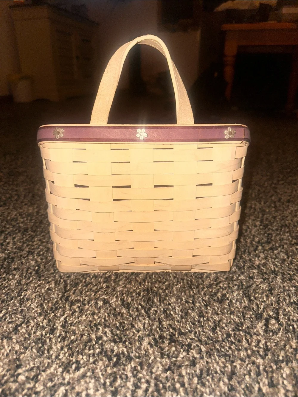 Longaberger Cream Woven Basket with Purple Trim and Floral Charm